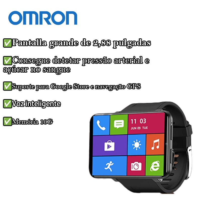 [OMRON Smart Watch] Bateria de 1500mAh, 5 horas de utilização contínua + ecrã de 2,88 polegadas + rede 2G/3G/4G + 10GB de memória + navegador e loja Google + navegação GPS + monitorização de saúde + voz inteligente