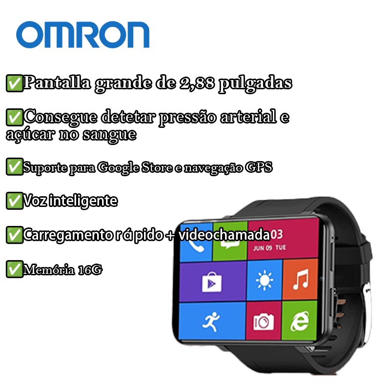 [Omron Smart Watch] Bateria de 2.000mAh, 7 horas de uso contínuo + tela de 2,88 polegadas + rede 2G/3G/4G + 16GB de memória + navegador e loja Google + navegação GPS + monitoramento de saúde + voz inteligente + carregamento rápido + videochamada