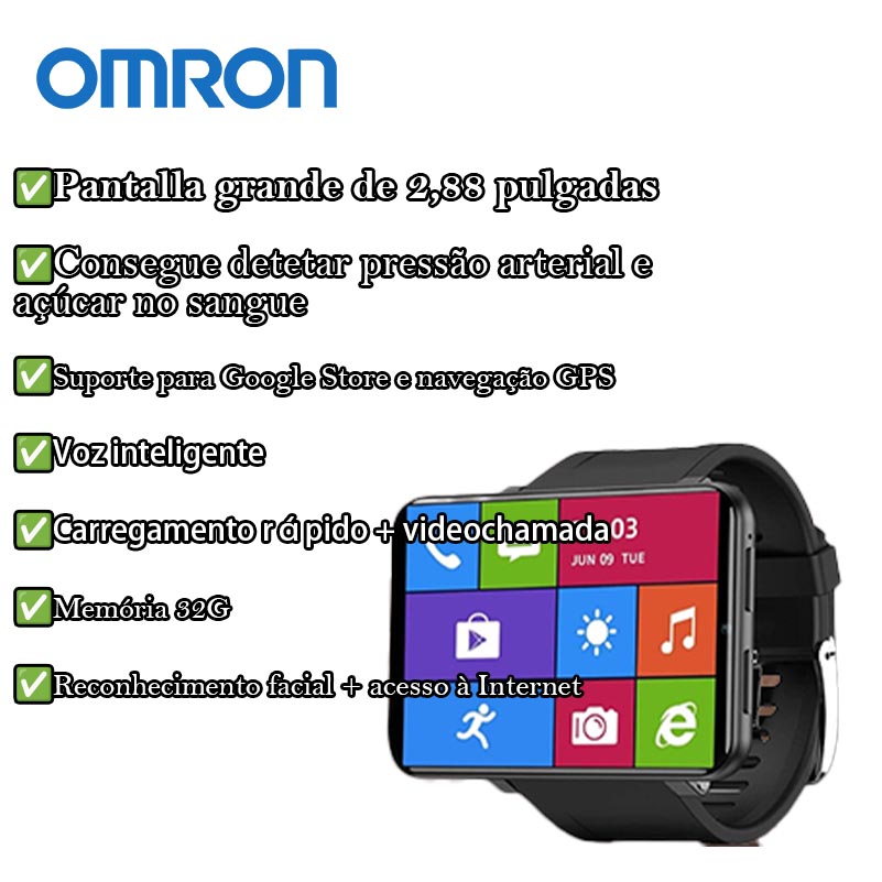 [Omron Smart Watch] Bateria de 2880mAh, 11 horas de uso contínuo + tela de 2,88 polegadas + 2G / 3G / 4G vermelho + memória de 32 GB, memória grande, pode baixar mais de 15 programas + Google Chrome e armazenamento + navegação GPS + monitoramento de saúde + Carregamento rápido + rede WiFi + videochamada + desbloqueio de reconhecimento facial + navegação na Internet